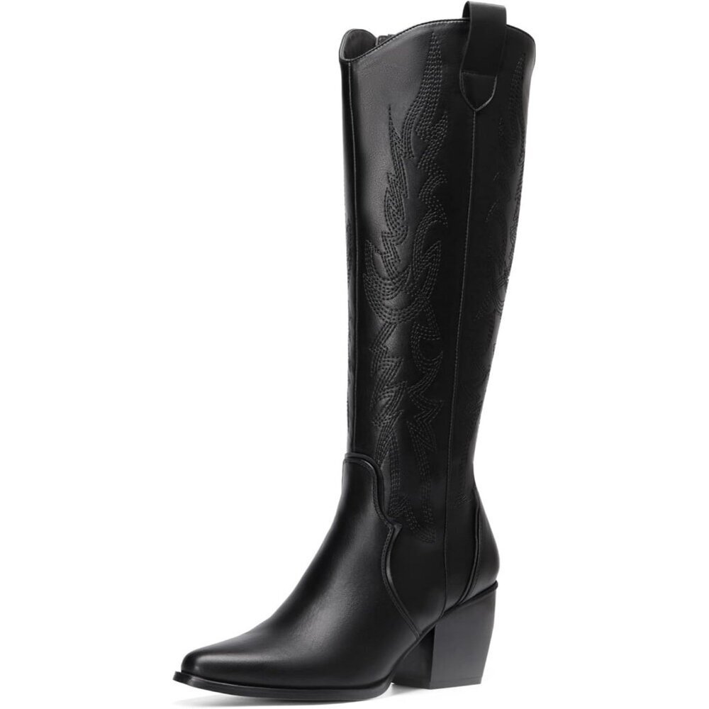 Women's Black Pu Rubber Embroidered Cow Girl Knee High Comfortable Chunky Boots